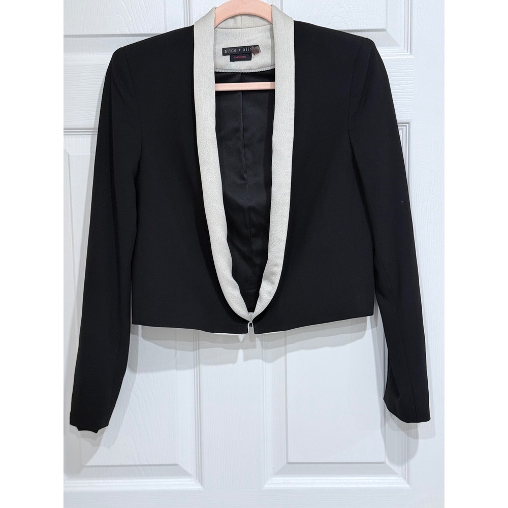 Alice + Olivia Employed Cropped Tuxedo Blazer Black Cream Shawl Collar Size 4